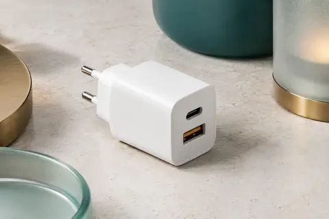 Chargeur secteur Belkin blanc à deux ports USB-C et USB-A posé sur une surface minérale claire.