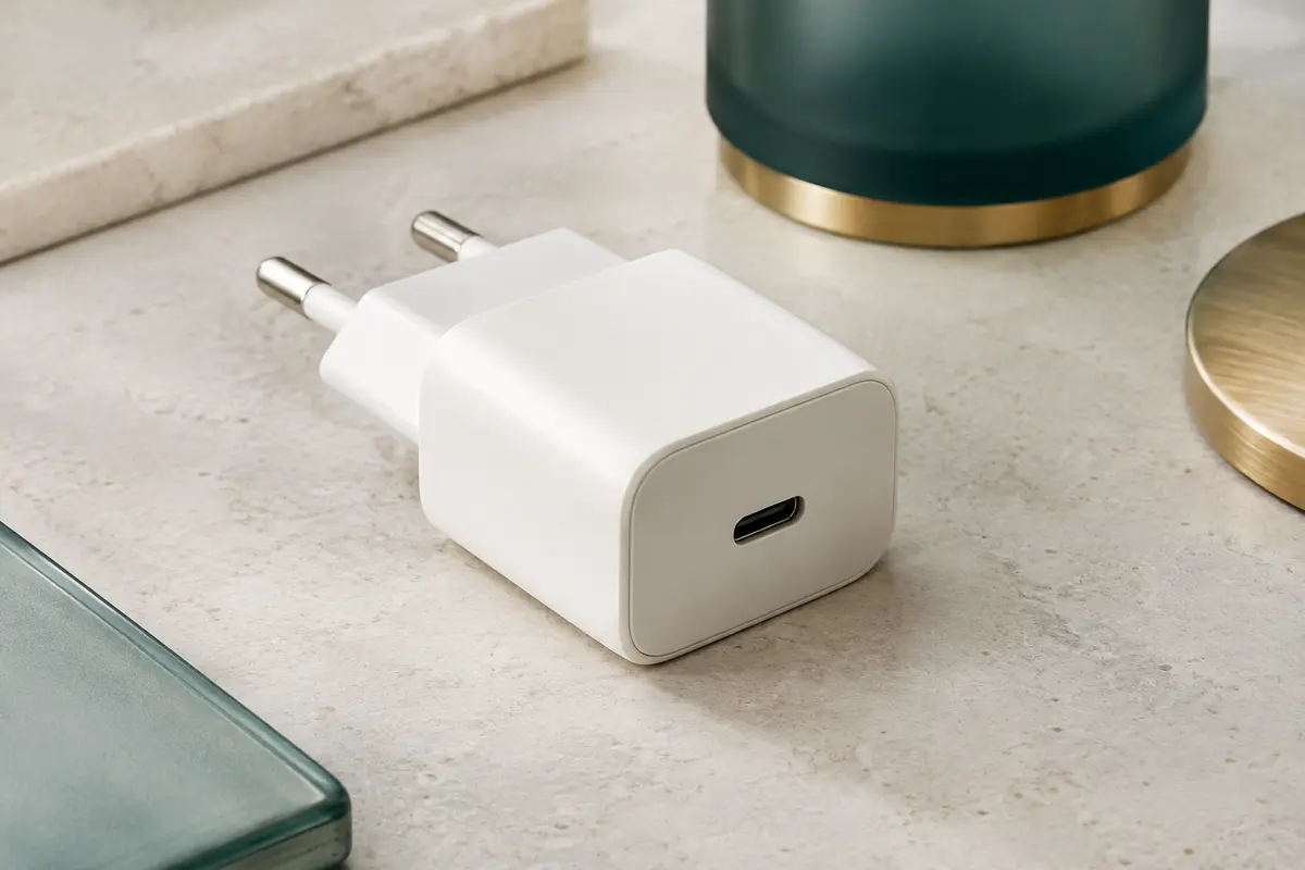 Chargeur secteur Belkin blanc avec port USB-C et prise européenne à deux broches sur une surface claire.