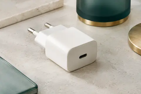 Chargeur secteur Belkin blanc avec port USB-C et prise européenne à deux broches sur une surface claire.