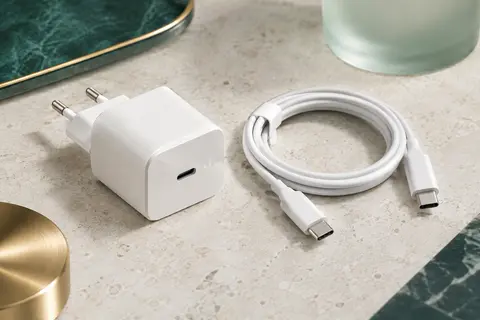 Chargeur secteur blanc Bensn avec port USB-C et câble USB-C vers USB-C sur une surface claire