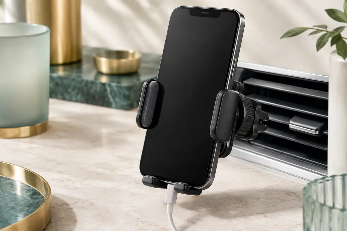 Support de téléphone noir fixé à une grille d’aération, avec un smartphone maintenu en orientation portrait.
