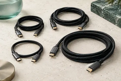 Quatre câbles USB-C noirs tressés de longueurs différentes, posés sur une surface minérale claire.