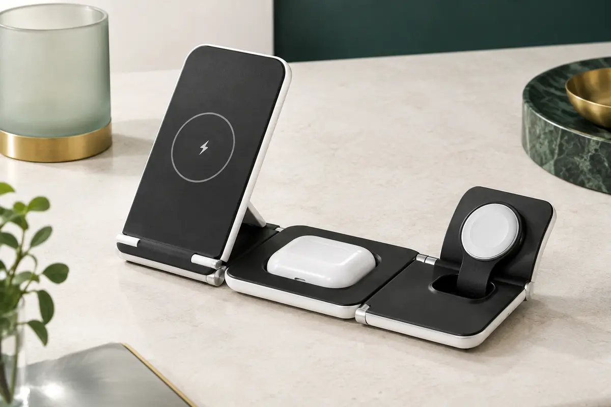 Station de charge sans fil pliable Bogseth avec emplacements pour téléphone, montre et écouteurs