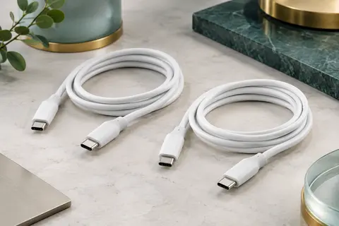 Deux câbles USB-C blancs de 1 m posés sur une surface claire, connecteurs visibles