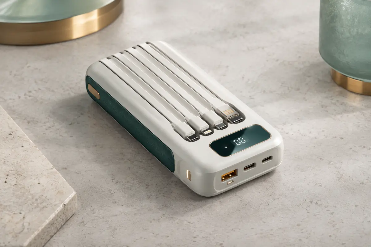 Batterie externe blanche avec quatre câbles intégrés et écran LED, posée sur une surface minérale claire.