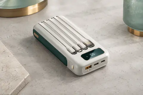 Batterie externe blanche avec quatre câbles intégrés et écran LED, posée sur une surface minérale claire.