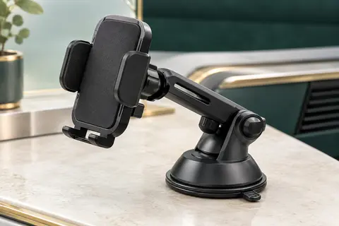 Support voiture noir à ventouse avec bras réglable, rotule orientable et pince pour smartphone