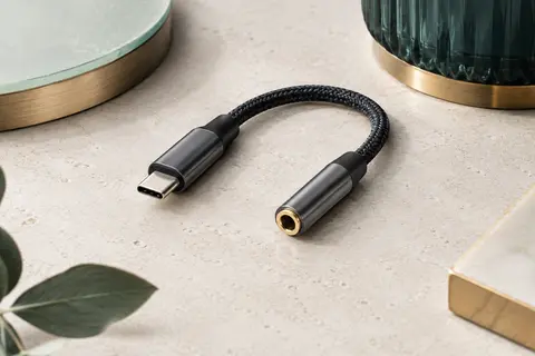 Adaptateur audio USB-C vers jack 3,5 mm noir avec câble tressé en nylon et boîtier en aluminium