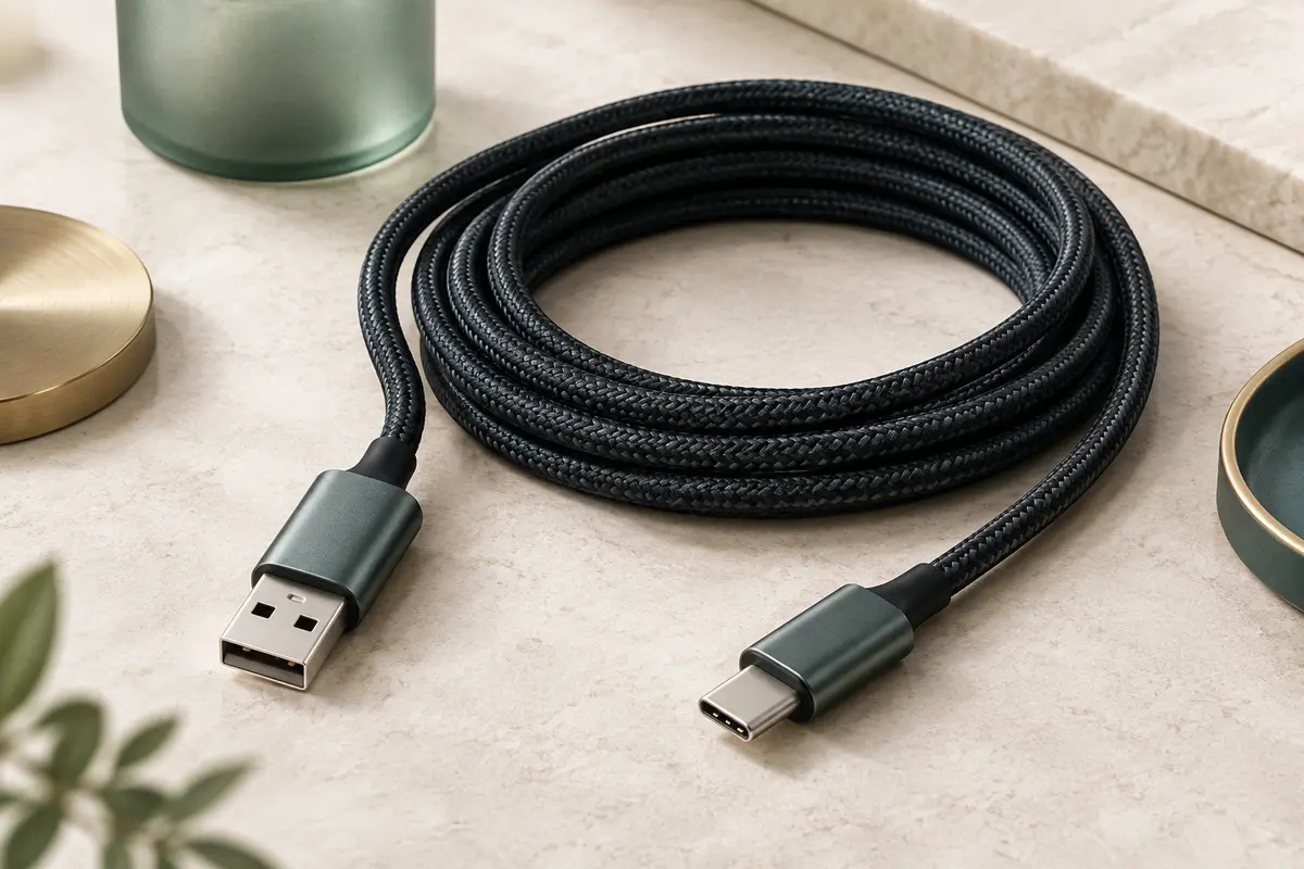 Câble noir USB-A vers USB-C de 10 m, tressé en nylon, avec connecteurs en aluminium sur une surface claire.