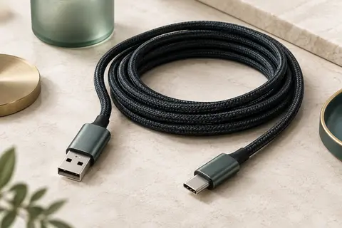 Câble noir USB-A vers USB-C de 10 m, tressé en nylon, avec connecteurs en aluminium sur une surface claire.