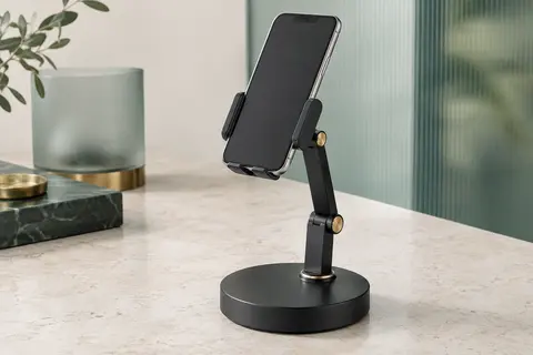 Support de téléphone Cooper ChatStand noir avec pince réglable et base posée sur une surface claire