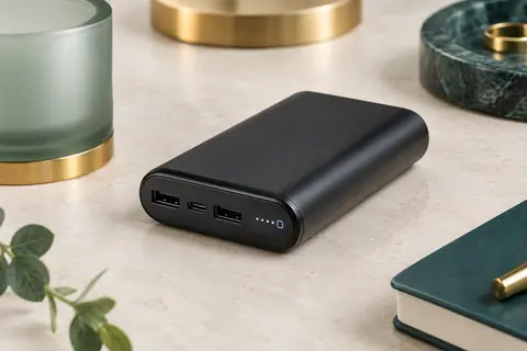 Batterie externe noire Coucur avec écran LED et ports USB-C et USB sur une surface claire