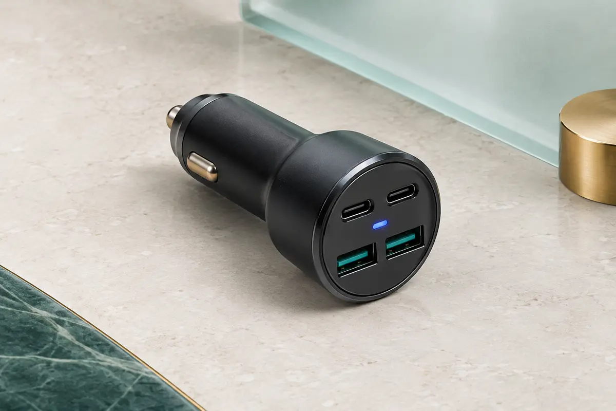 Adaptateur voiture noir à quatre ports USB-C et USB-A posé sur une surface minérale claire.