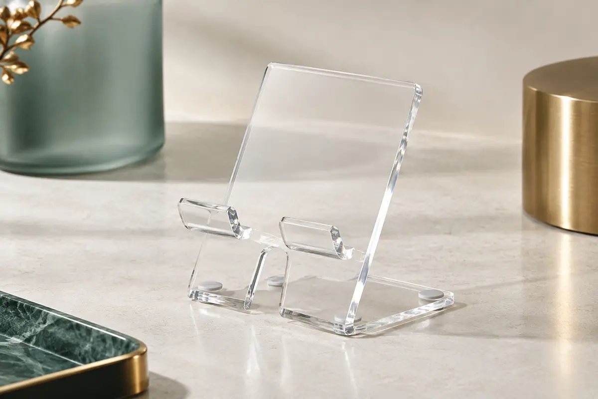 Support de bureau en acrylique transparent avec deux crochets et une ouverture pour câble, posé sur une surface claire.
