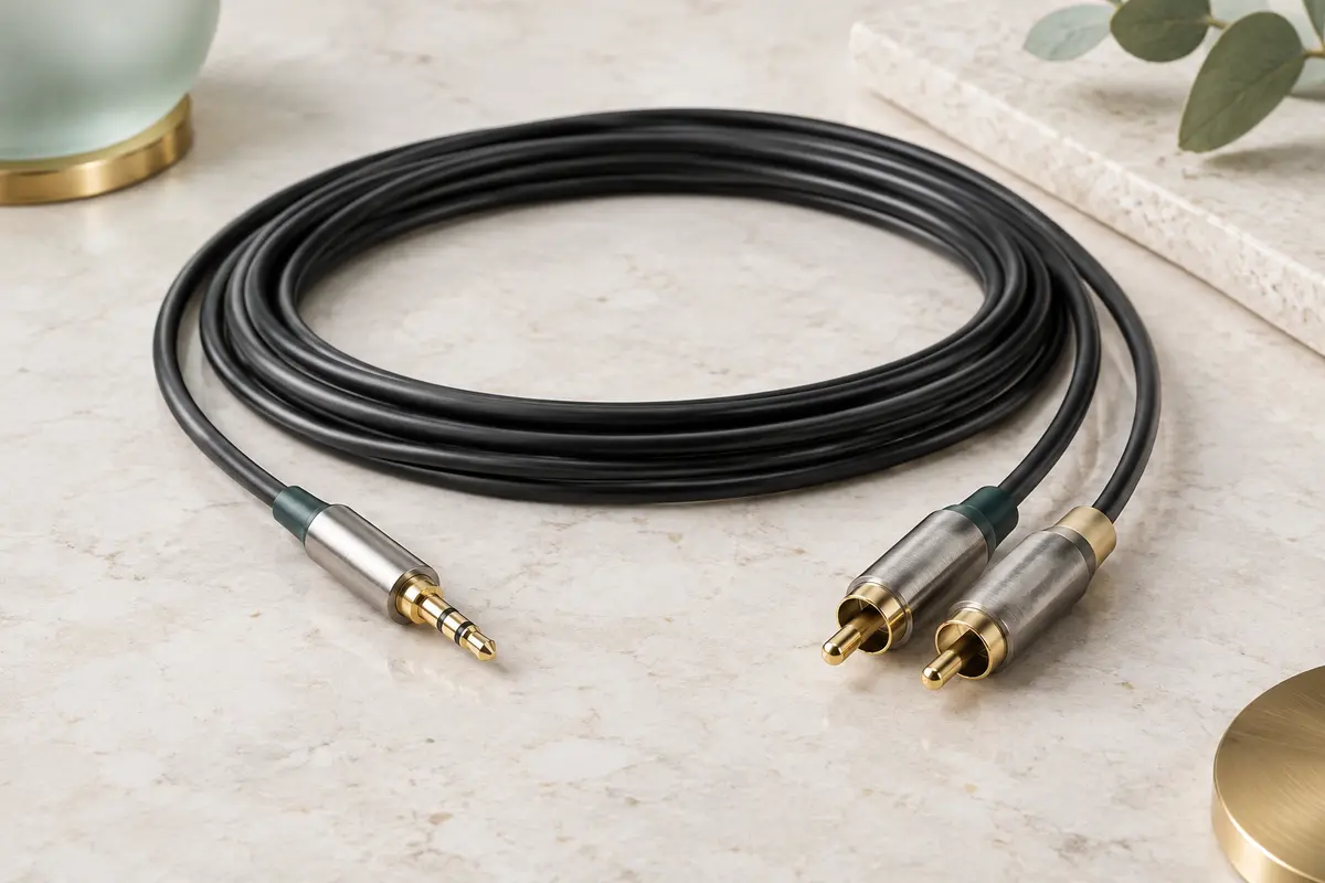 Câble audio noir de 10 m avec prise jack 3,5 mm et deux fiches RCA sur une surface claire