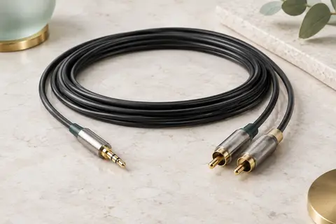 Câble audio noir de 10 m avec prise jack 3,5 mm et deux fiches RCA sur une surface claire