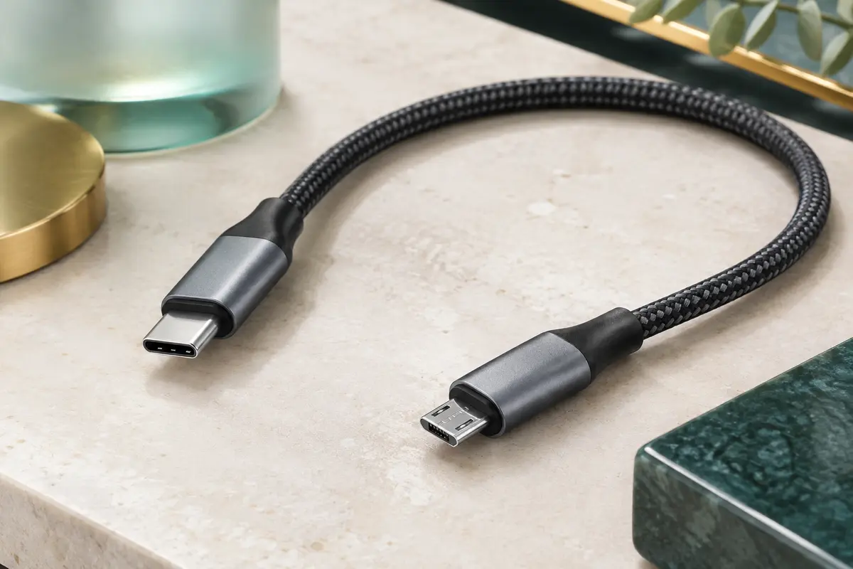 Câble USB-C vers Micro-USB tressé avec connecteurs en aluminium, posé sur une surface minérale claire.