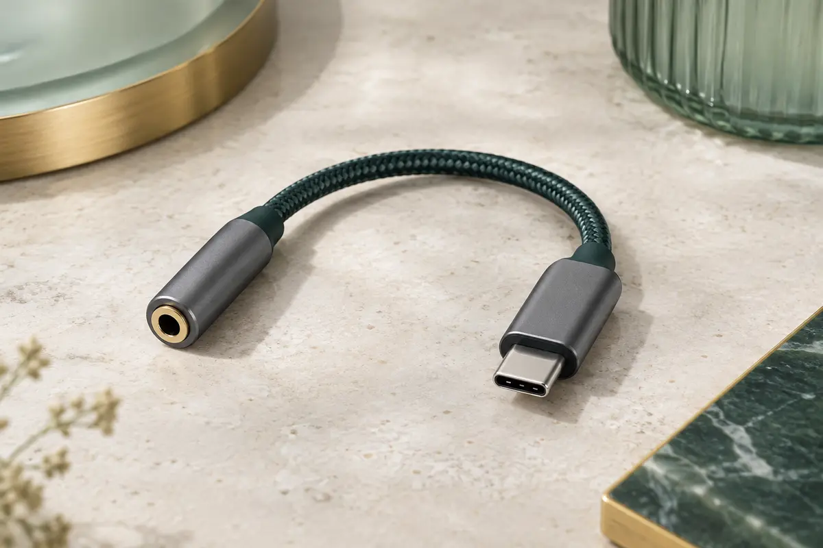 Adaptateur audio gris USB-C vers jack 3,5 mm avec câble tressé et connecteurs en métal