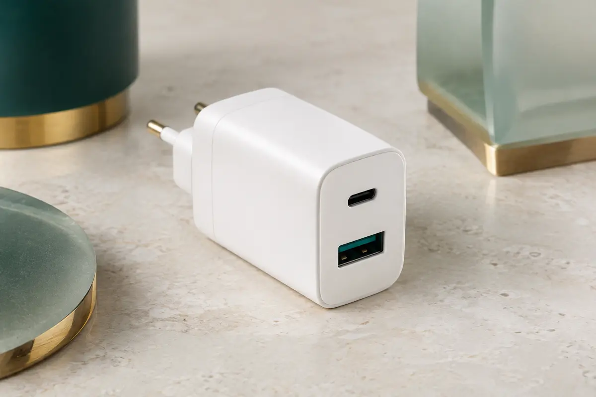 Chargeur secteur blanc à deux ports USB-C et USB-A posé sur une surface minérale claire.