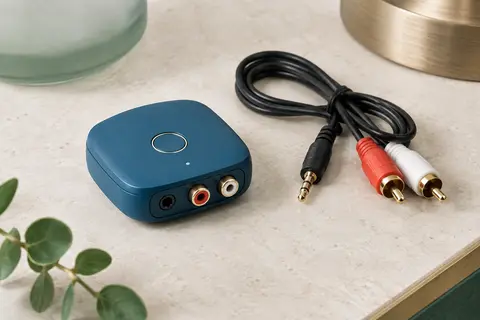 Récepteur audio Bluetooth bleu avec câble jack vers RCA posé sur une surface minérale claire