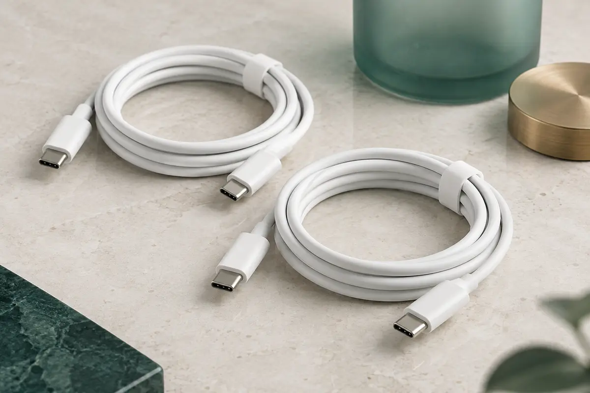 Deux câbles USB-C blancs de 2 m avec leurs connecteurs visibles, disposés sur une surface minérale claire.
