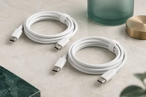 Deux câbles USB-C blancs de 2 m avec leurs connecteurs visibles, disposés sur une surface minérale claire.