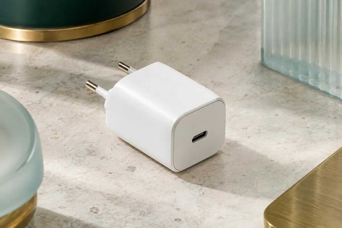 Chargeur secteur blanc EvoMart en ABS avec sortie USB-C, posé sur une surface minérale claire