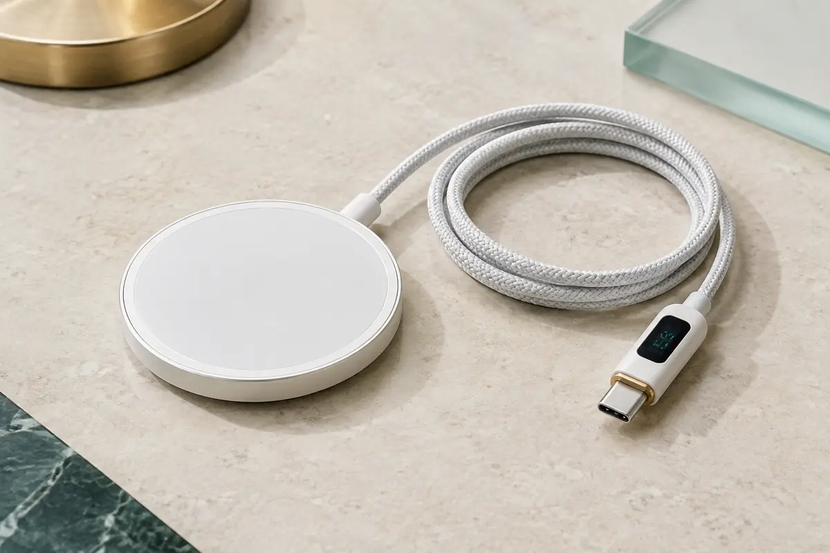 Chargeur sans fil magnétique blanc avec câble USB-C tressé et écran numérique sur une surface claire