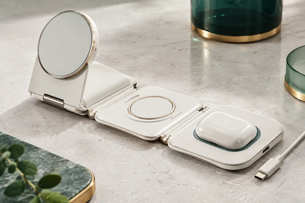 Station de charge EXW pliable avec support magnétique et zones de recharge pour téléphone, montre et écouteurs