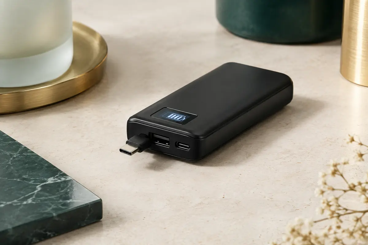 Batterie externe noire compacte avec connecteur USB-C intégré et écran LCD, posée sur une surface minérale claire.