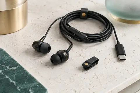 Écouteurs intra-auriculaires noirs avec câble USB-C, embouts en silicone et clip de maintien