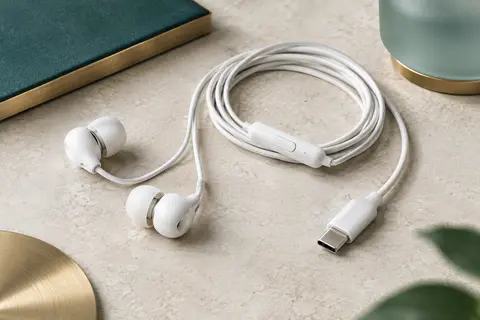 Écouteurs intra-auriculaires blancs avec câble USB-C et télécommande posés sur une surface minérale claire.