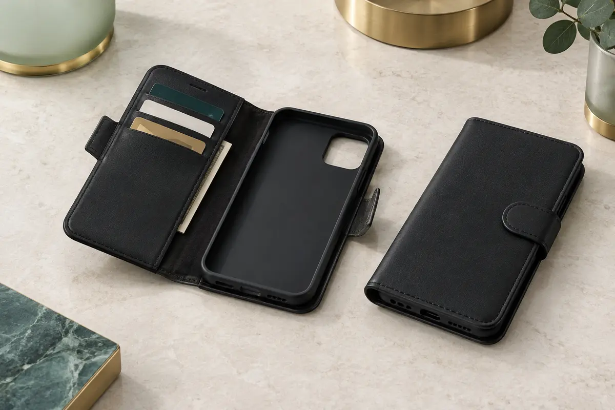 Étui portefeuille noir Ganbary ouvert, avec emplacements pour cartes et support intérieur pour smartphone.
