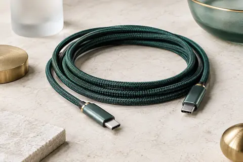 Câble USB-C vert à gaine tressée et connecteurs en aluminium posé en boucles sur une surface claire