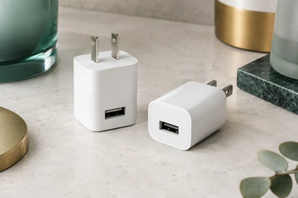 Deux adaptateurs secteur USB blancs posés sur une surface minérale claire, ports visibles