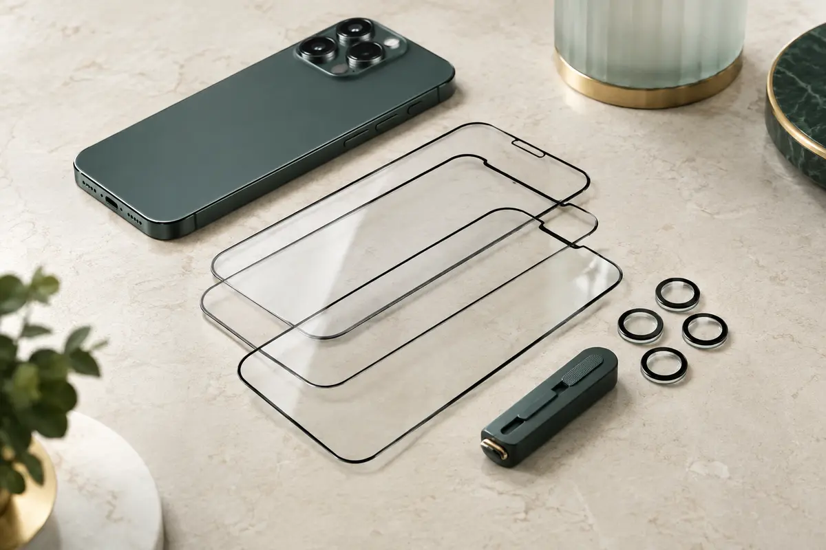 Verres trempés anti-espion et protections d’objectif aux bords noirs sur une surface minérale claire