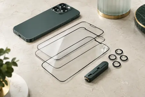 Verres trempés anti-espion et protections d’objectif aux bords noirs sur une surface minérale claire