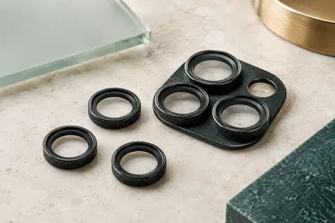 Protection noire pour objectifs de smartphone en verre transparent et anneaux d’aluminium sur une surface claire