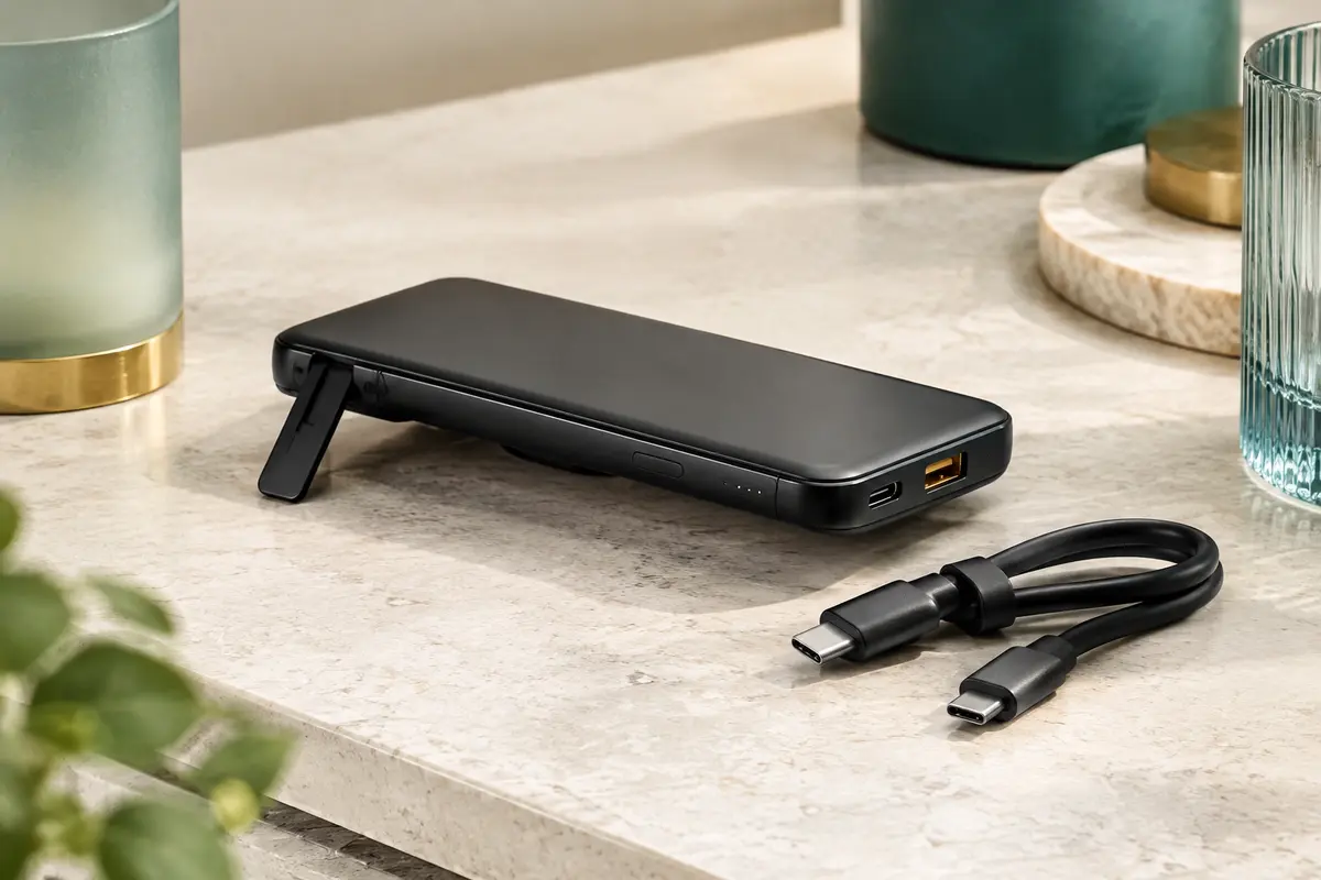 Batterie externe noire avec support déployé et ports visibles, posée sur une surface minérale claire.