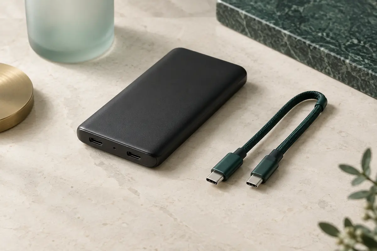 Batterie externe noire compacte avec câble USB-C tressé amovible et ports USB-C visibles
