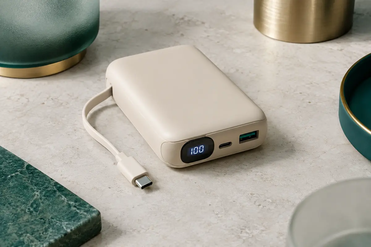Batterie externe beige de 20 000 mAh avec câble USB-C intégré, ports et affichage numérique