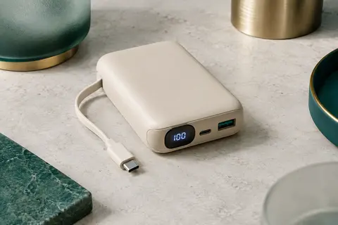 Batterie externe beige de 20 000 mAh avec câble USB-C intégré, ports et affichage numérique