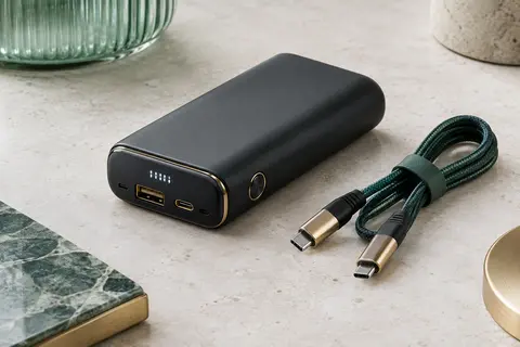 Batterie externe noire Iniu P50 avec affichage numérique, ports visibles et câble USB-C tressé amovible