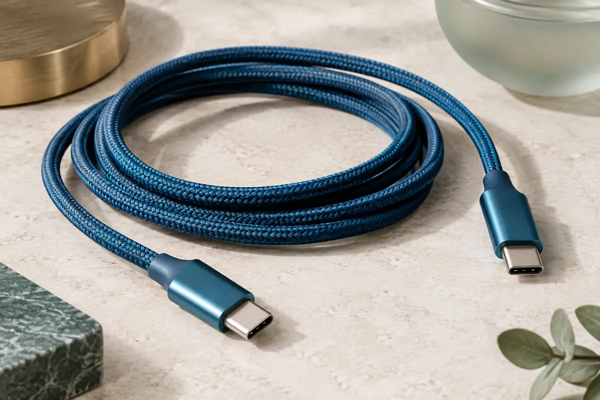 Câble USB-C bleu tressé de 2 m, présenté en boucles avec ses connecteurs visibles sur une surface claire.