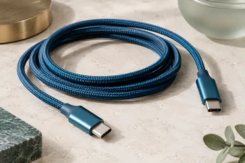 Câble USB-C bleu tressé de 2 m, présenté en boucles avec ses connecteurs visibles sur une surface claire.