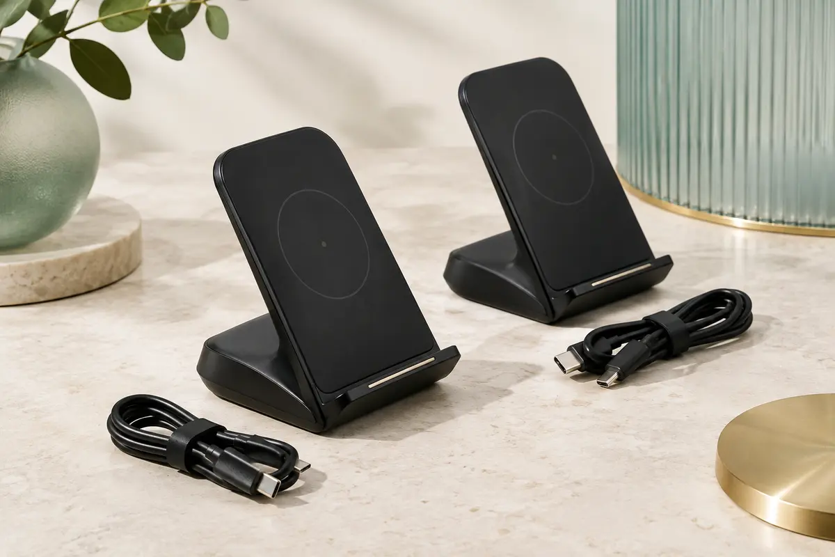 Deux supports noirs de recharge sans fil avec leurs câbles USB-C posés sur une surface claire