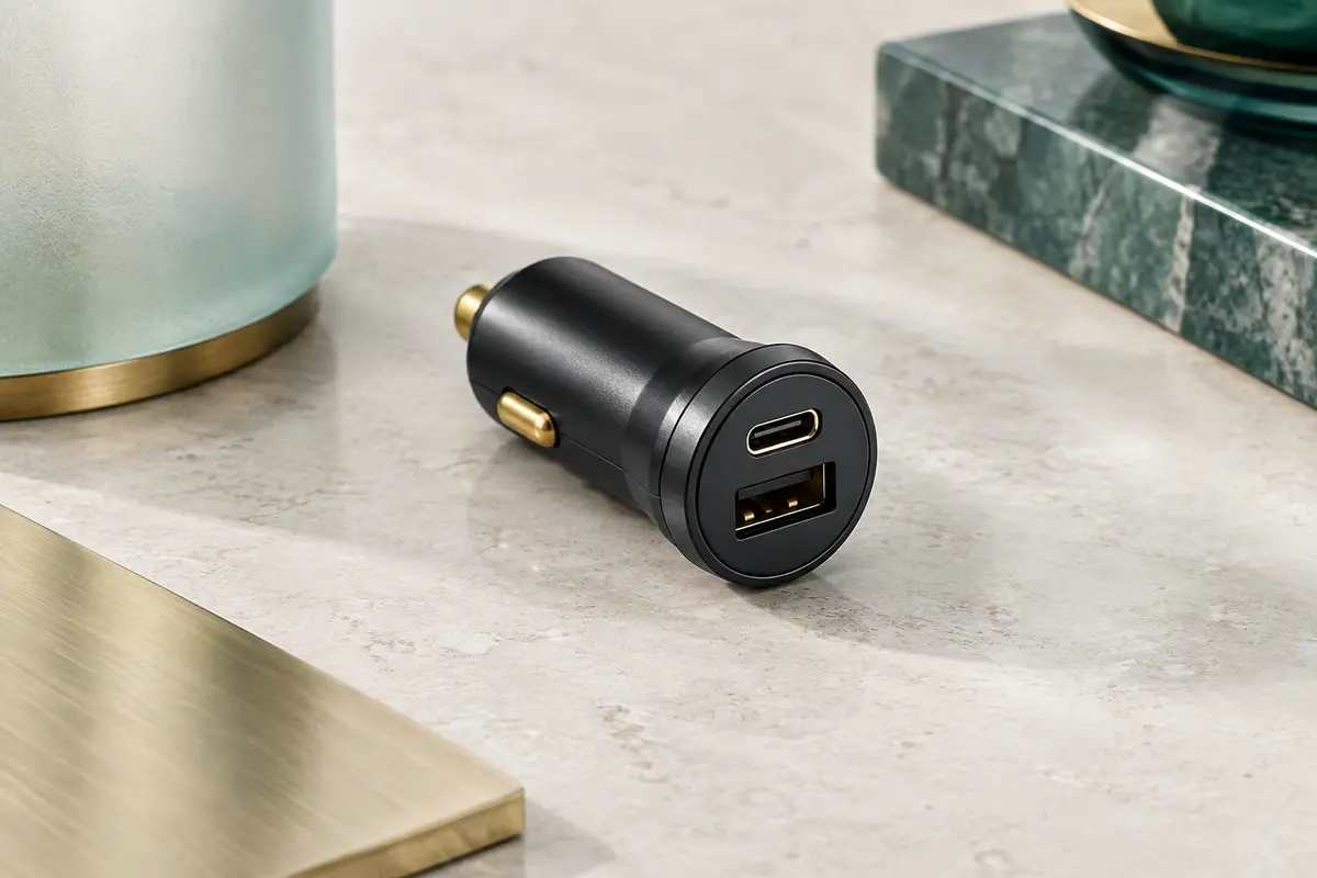Chargeur voiture noir compact Iniu avec ports USB-C et USB-A visibles sur une surface minérale claire.