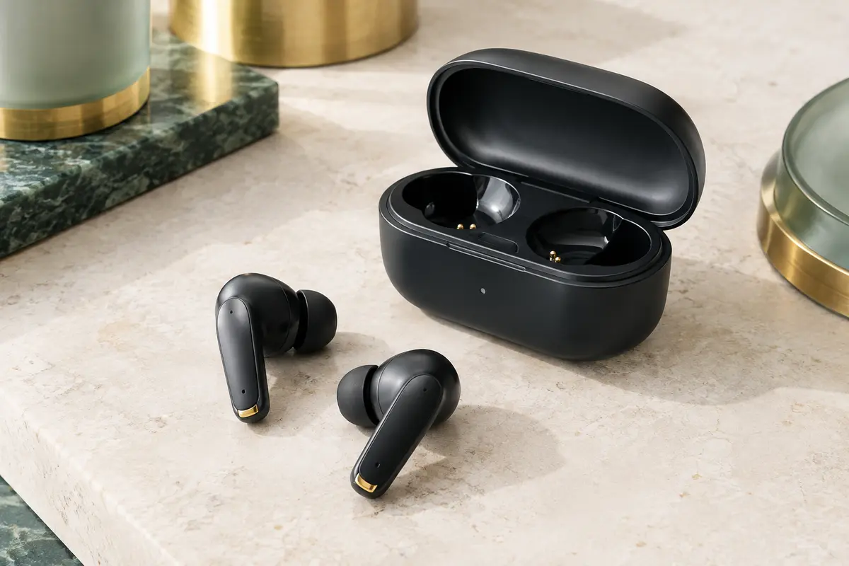 Écouteurs intra-auriculaires noirs avec leur boîtier de charge posé sur une surface claire