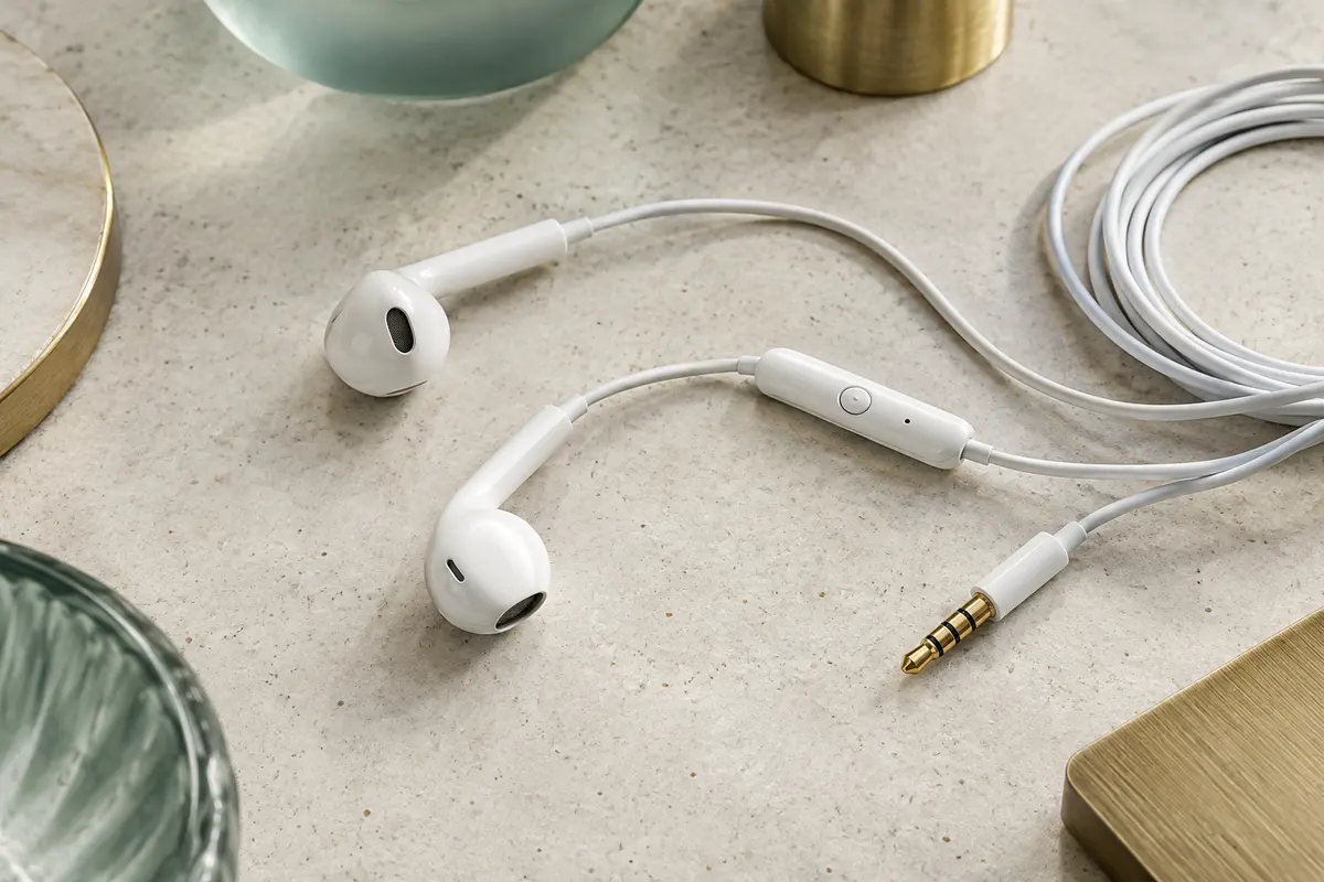 Écouteurs filaires blancs avec microphone et télécommande à un bouton posés sur une surface claire