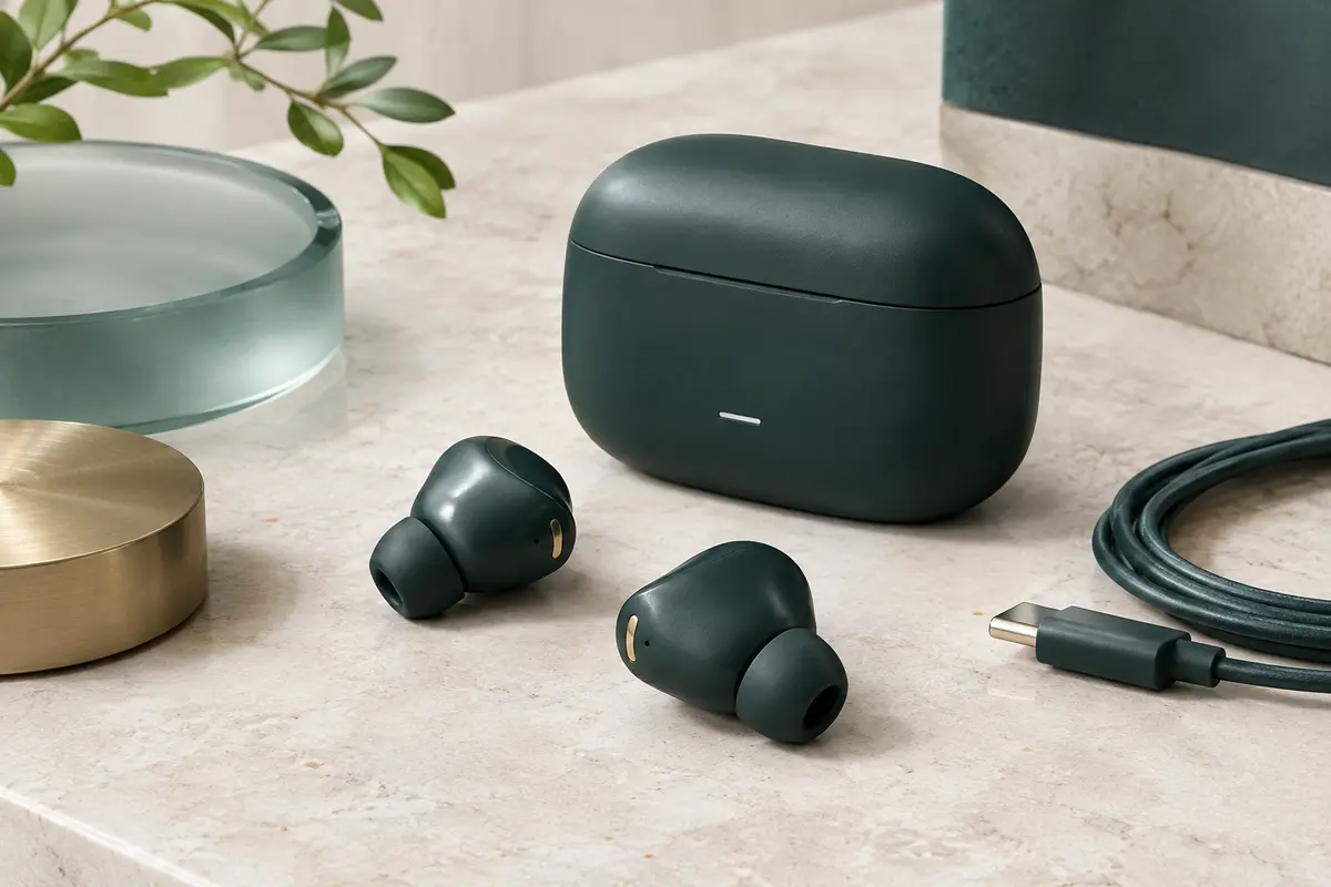 Écouteurs intra-auriculaires JBL Wave 200TWS noirs avec leur étui de recharge sur une surface claire.